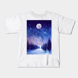 Winter landscape with pink moon - watercolor Kids T-Shirt